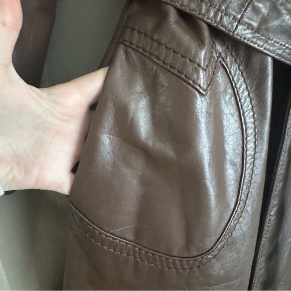 Vintage 70's Brown Leather Fur Trim Belted Midi Trench Coat Jacket - Picture 2 of 8